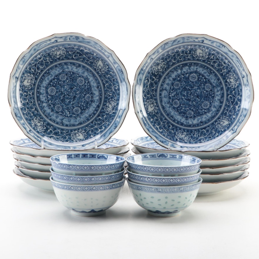 Chinese Floral Blue and White Porcelain Plates with "Rice Grain" Rice Bowls