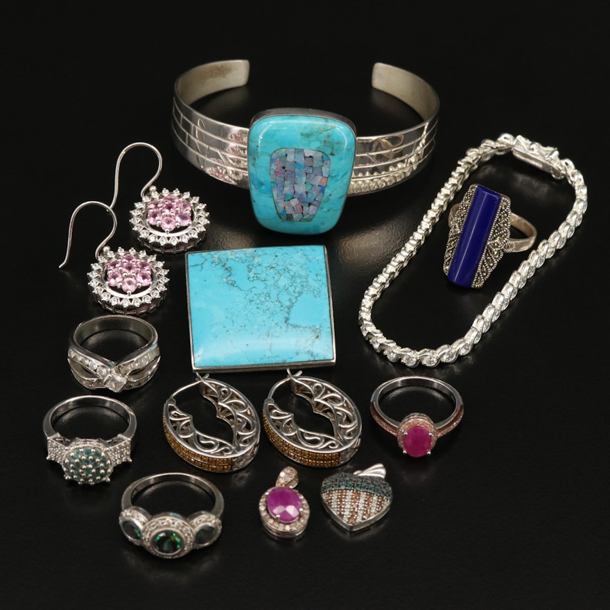 Silver Gemstone Jewelry Including Ruby and Diamond