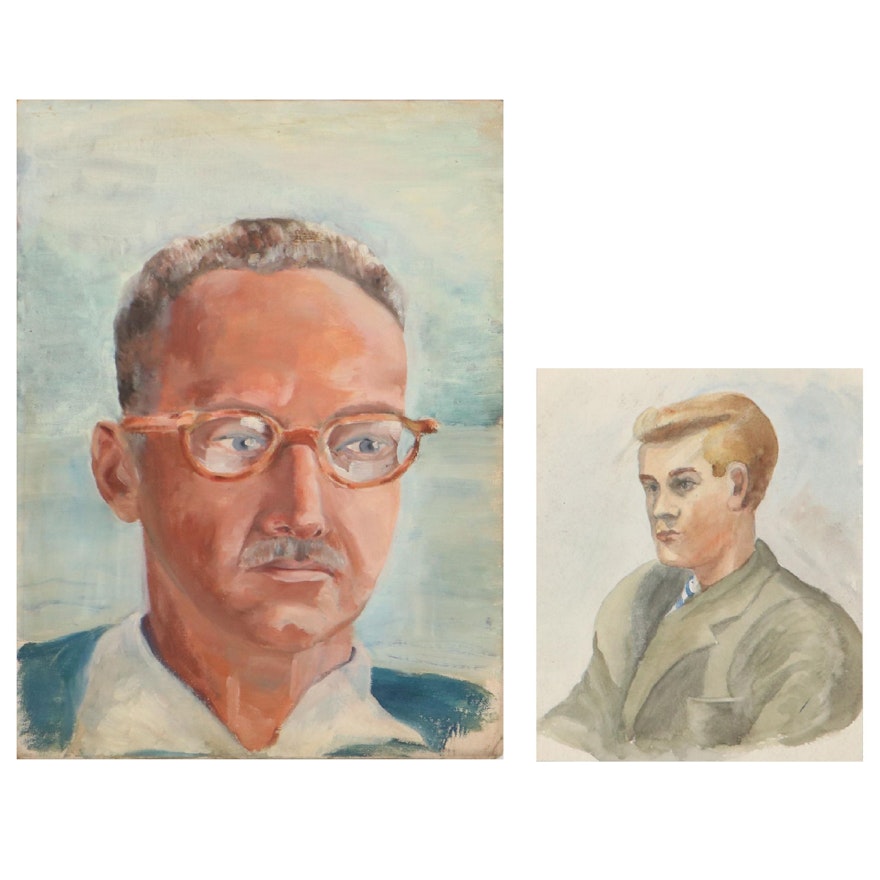 Watercolor and Oil Portraits of Men, Mid-20th Century