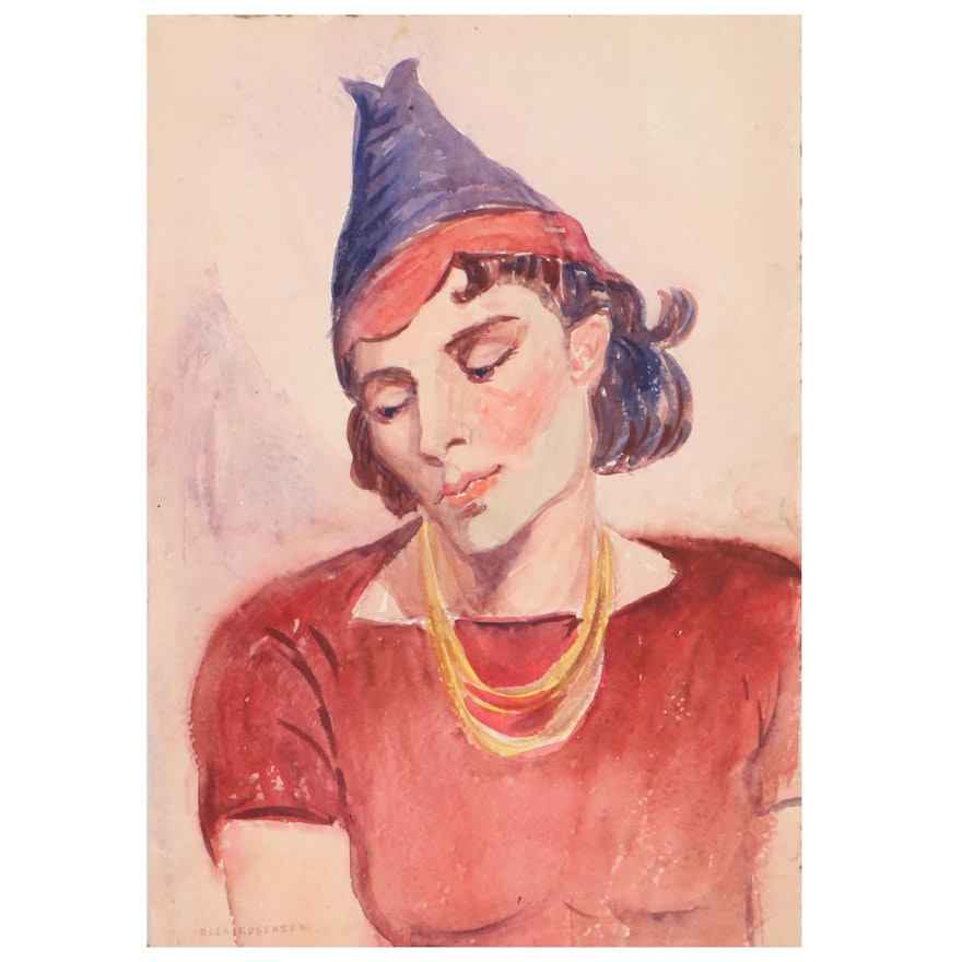 Olga Rosenson Watercolor Portrait, Mid-20th Century
