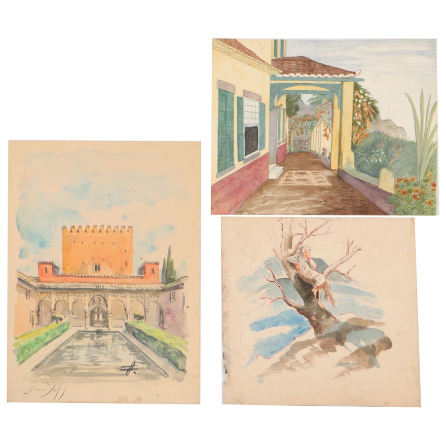 Architectural and Figural Watercolor Paintings, Mid-20th Century