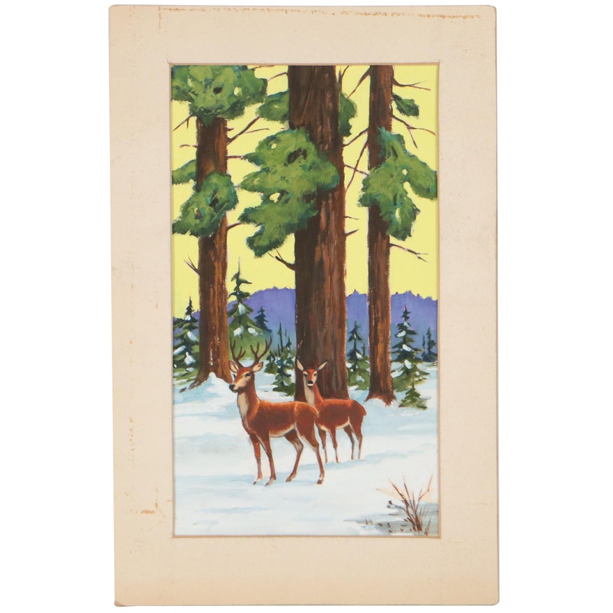 Watercolor Painting Attributed to Frederick Elmiger of Deer, Late 20th Century