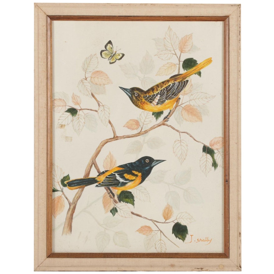 J. Shally Oil Painting of Baltimore Orioles, Mid-Late 20th Century