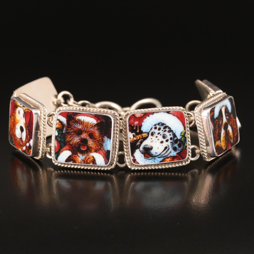 Jacqueline Smiley 950 Silver Santa Dogs Panel Bracelet