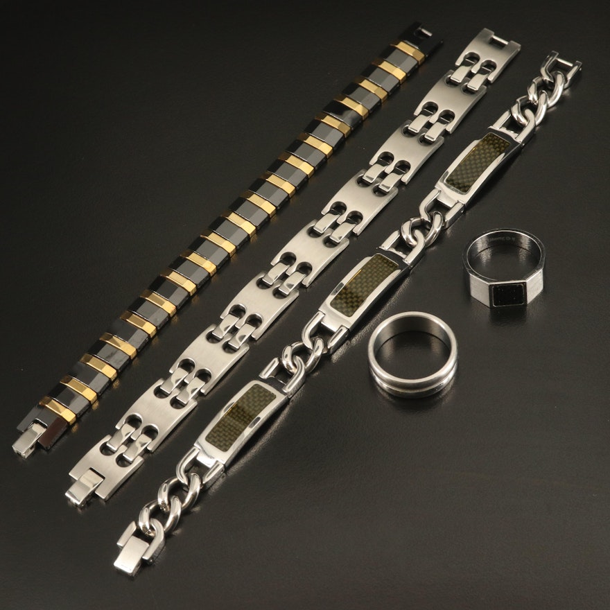 Panel Bracelets and Ring Selection with Tungsten and Stainless Steel