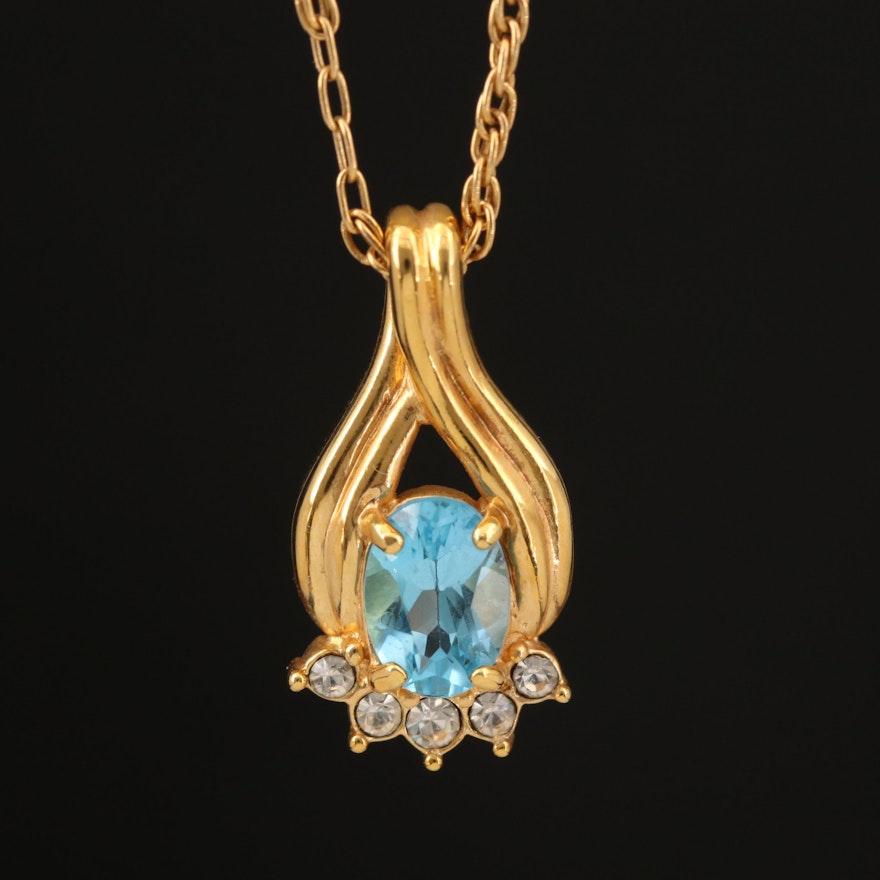 Krementz Swiss Blue Topaz and Rhinestone Pendant Necklace