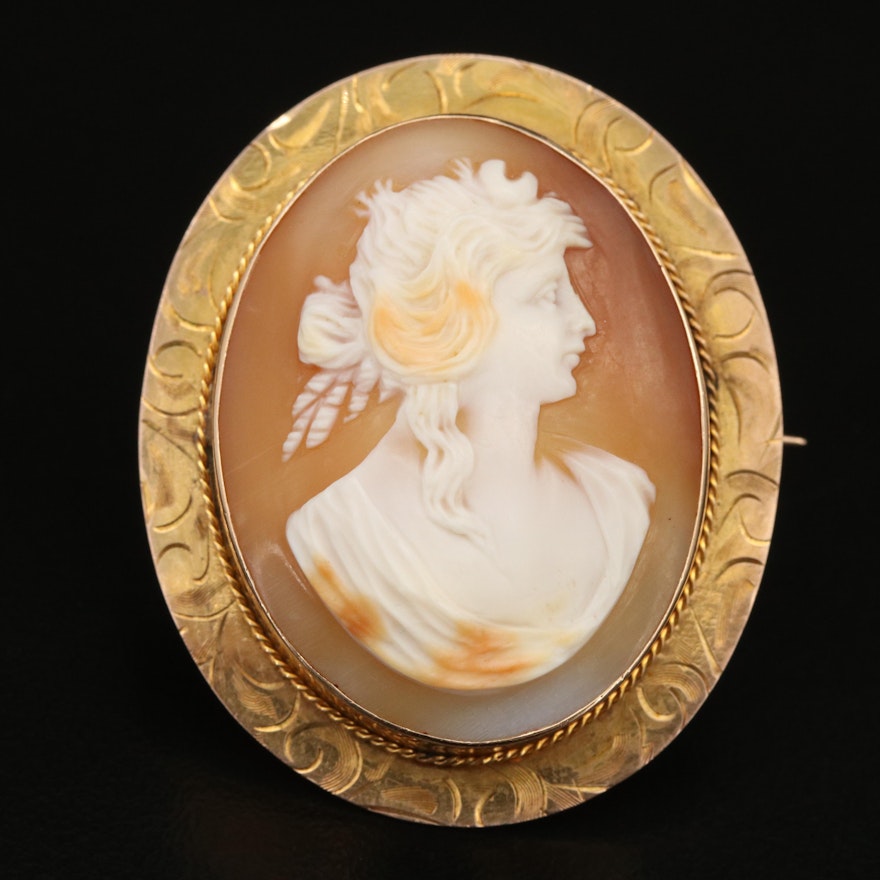 10K Carved Shell Goddess Diana Cameo Converter Brooch