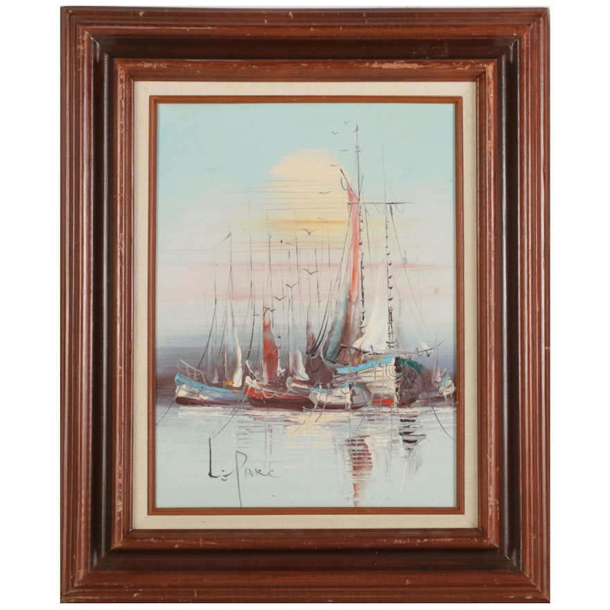 Sailboats Docked in Bay Oil Painting, Late 20th Century