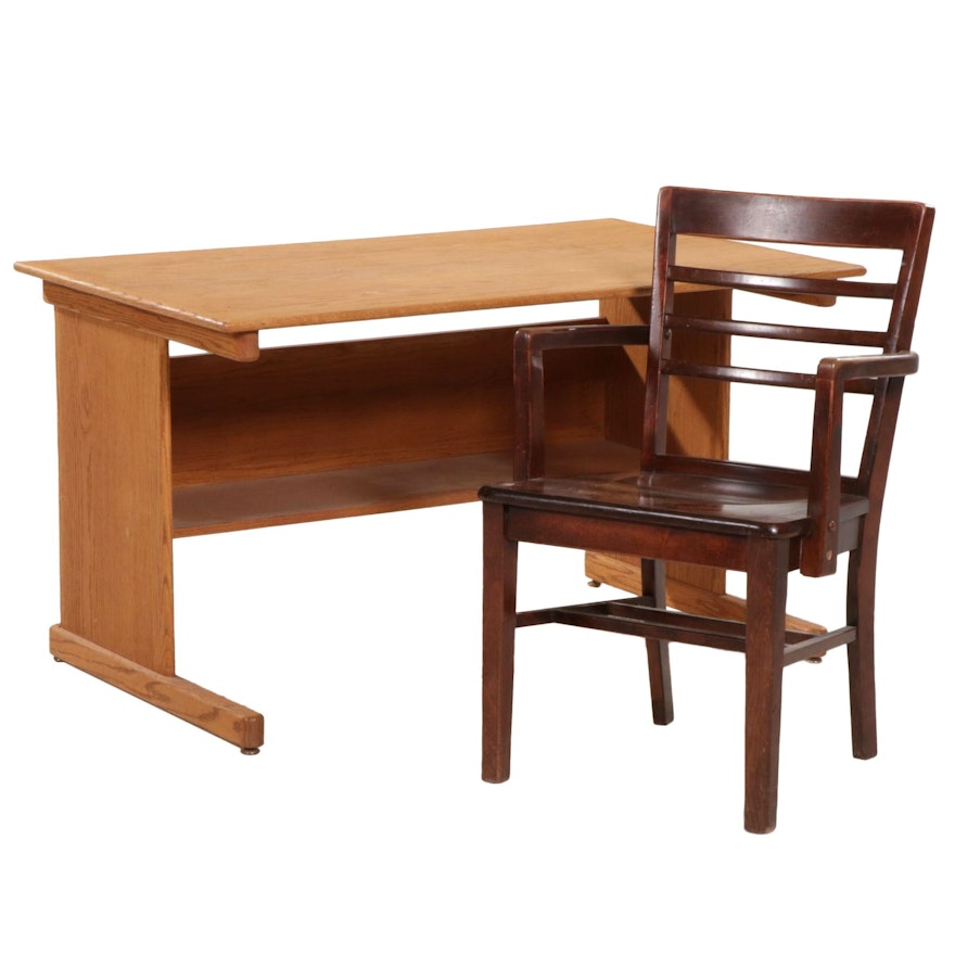 Oak Computer Desk with Wood Office Chair, Late 20th Century