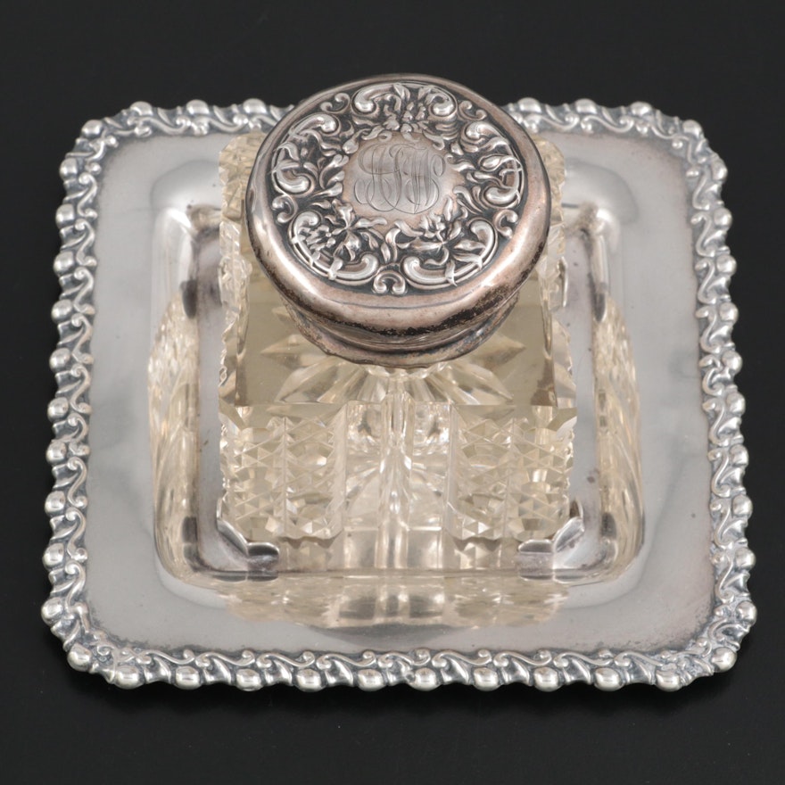 Mauser Mfg. Co. Cut Glass Inkwell with Sterling Silver Stand, Late 19th Century