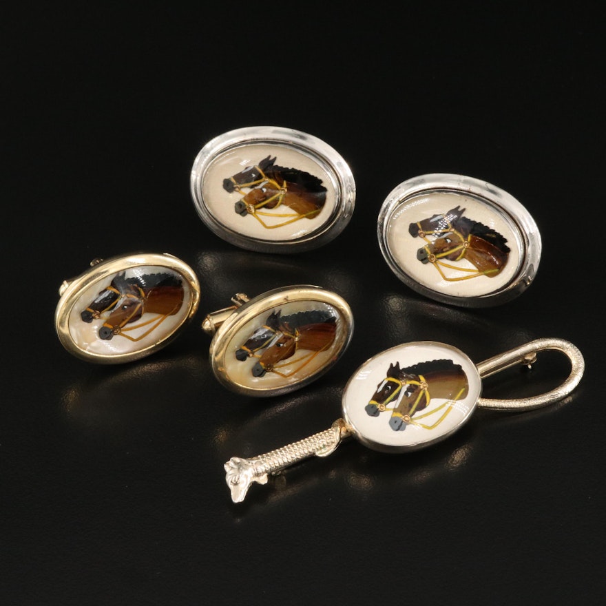 Vintage Reverse Painted Equestrian Cufflinks and Brooch