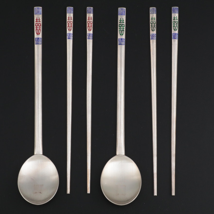Korean Enameled Fine Silver Spoon and Chopstick Sets