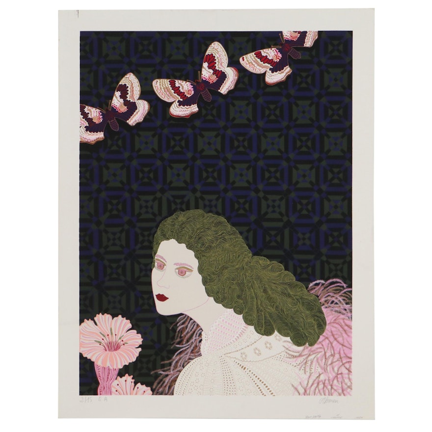 Danièle Akmen Serigraph of Woman's Portrait and Butterflies, Late 20th Century