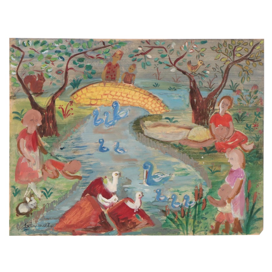 Helen Malta Gouache Painting of Pond Scene, Mid-20th Century