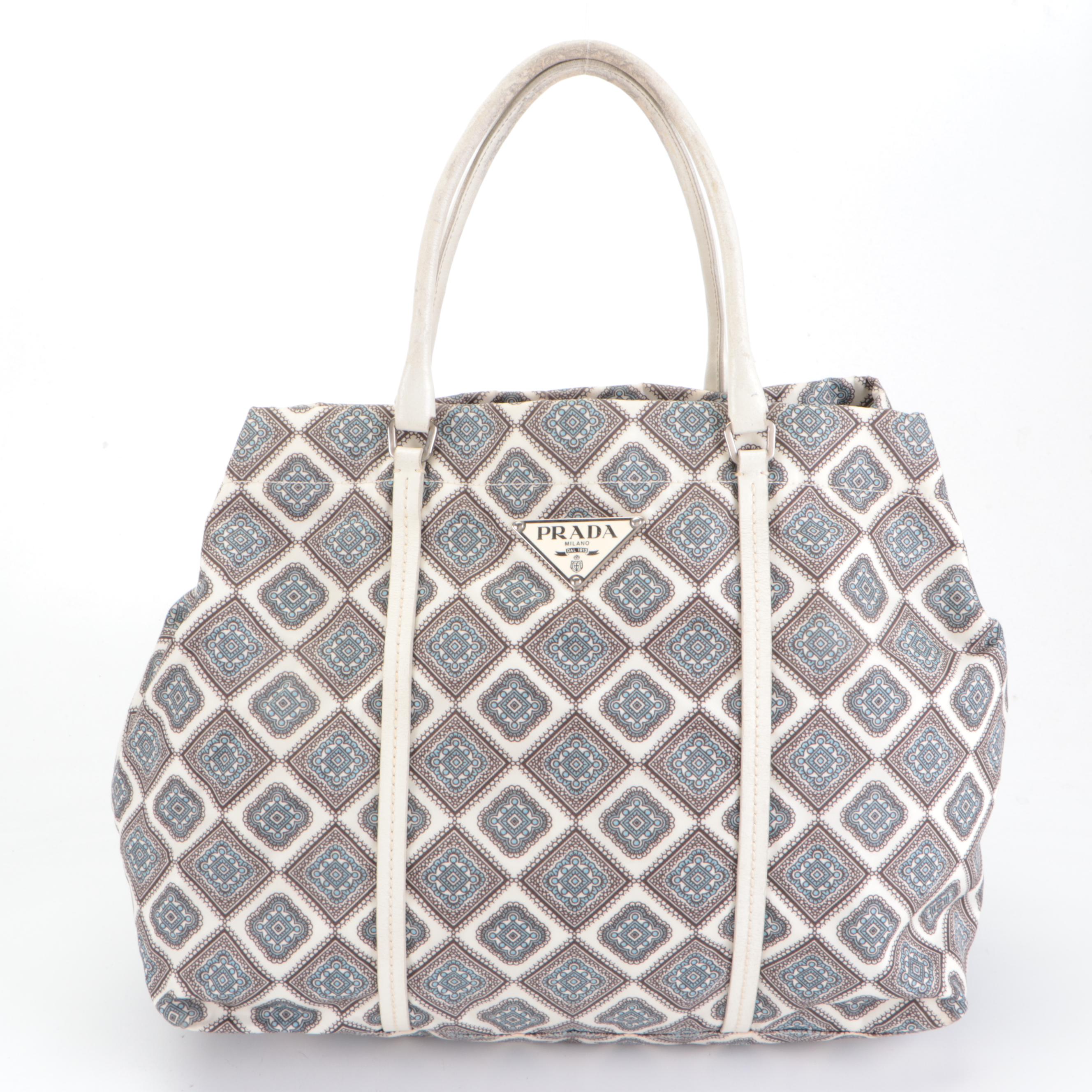Prada Shopping Tote in Nylon Stamp Print with White Leather Trim