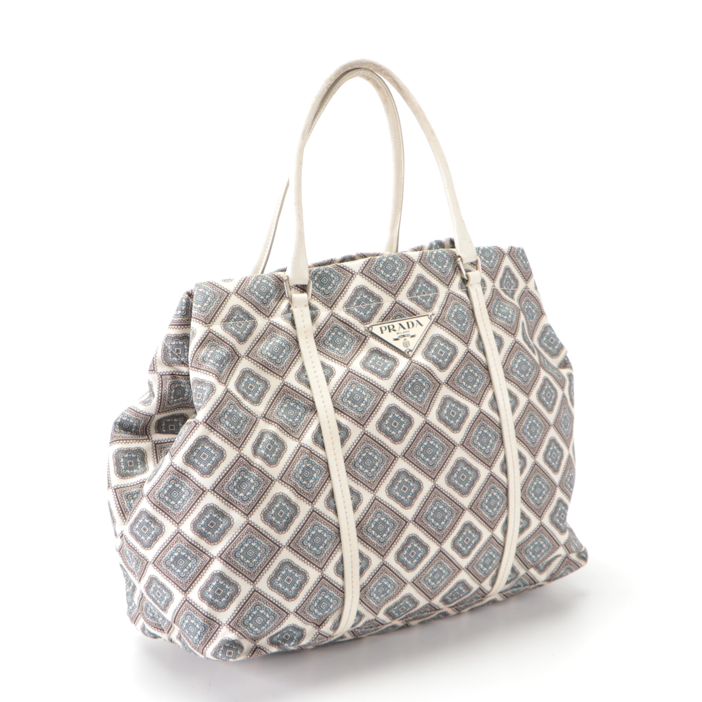 Prada Shopping Tote in Nylon Stamp Print with White Leather Trim