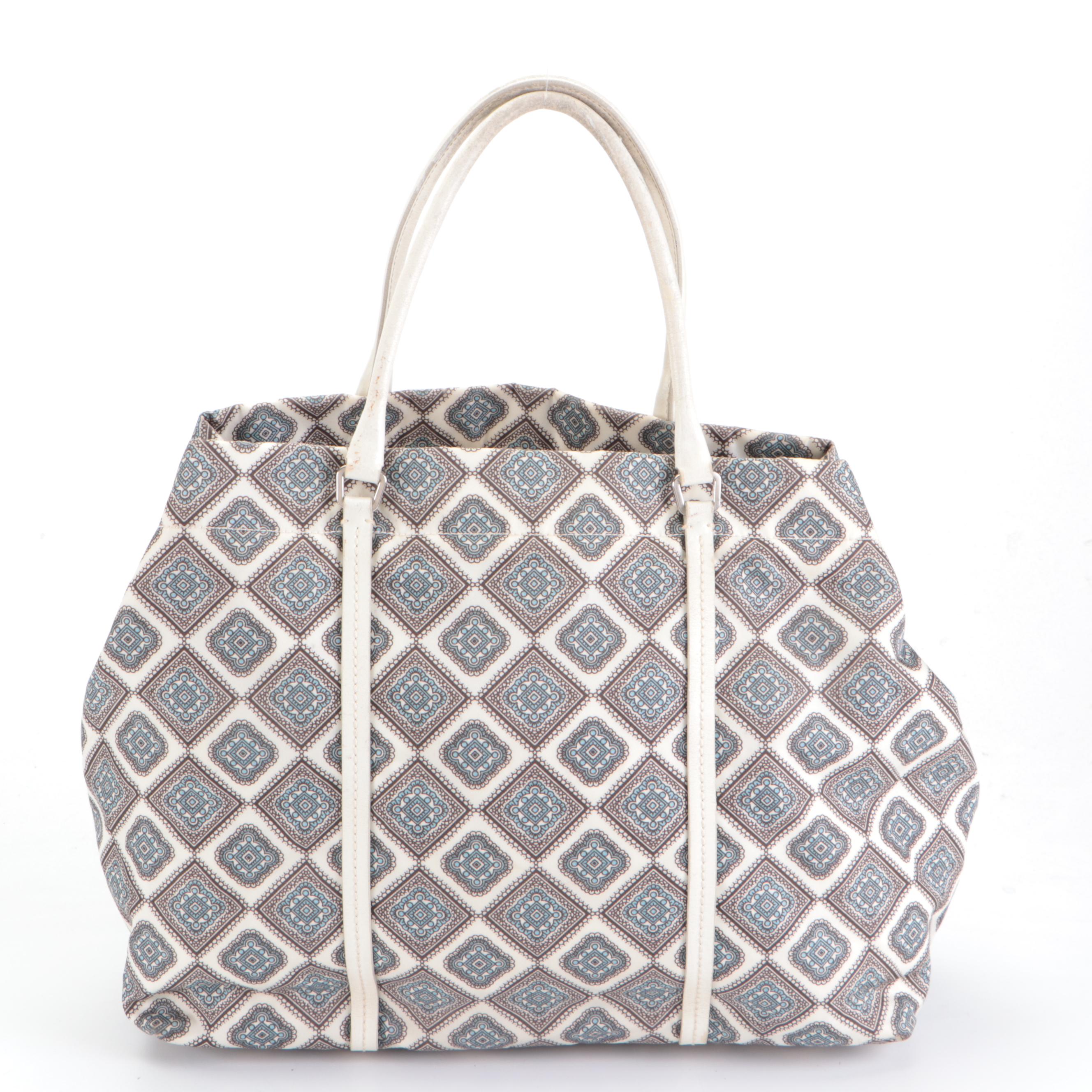 Prada Shopping Tote in Nylon Stamp Print with White Leather Trim