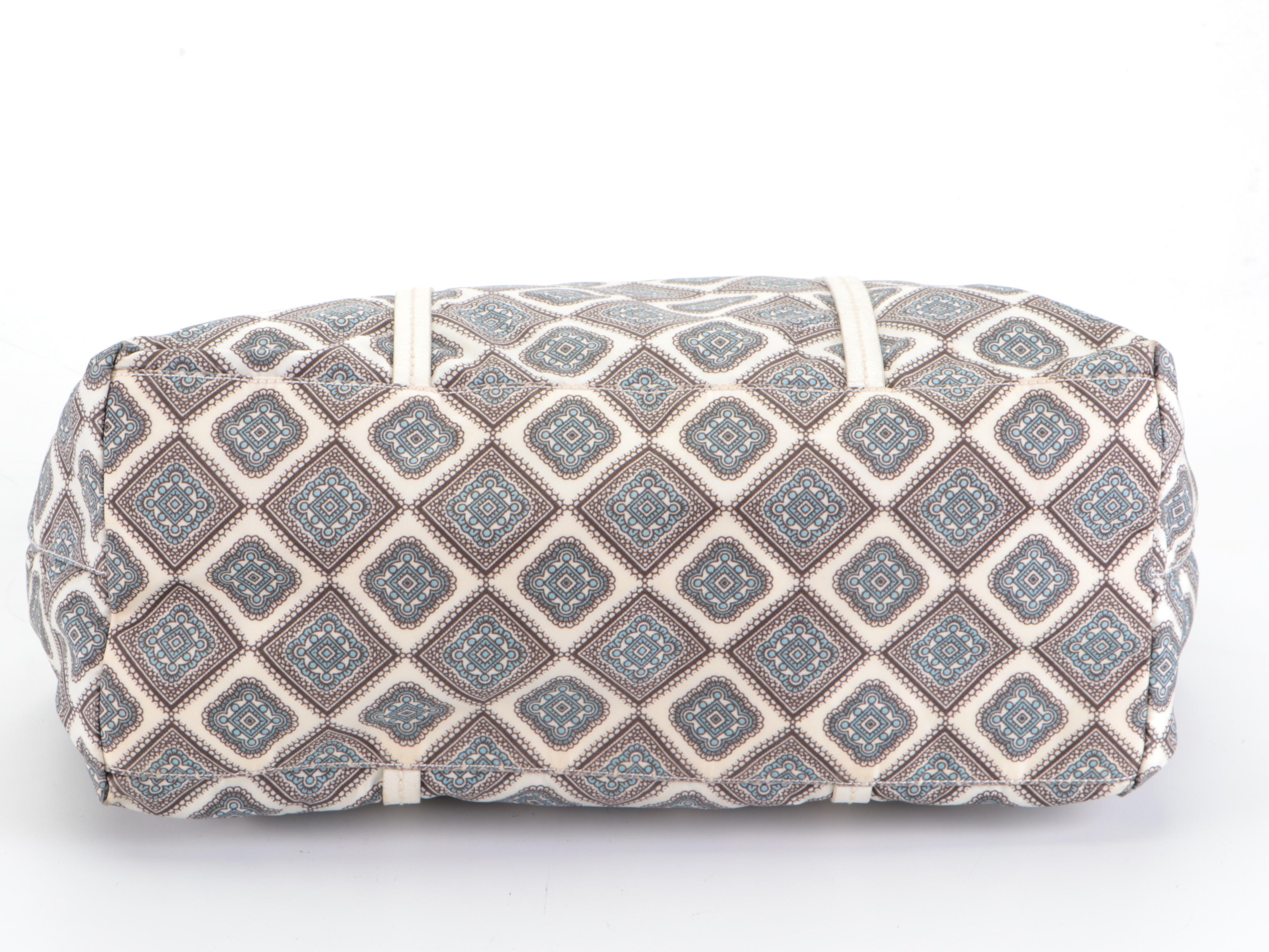 Prada Shopping Tote in Nylon Stamp Print with White Leather Trim