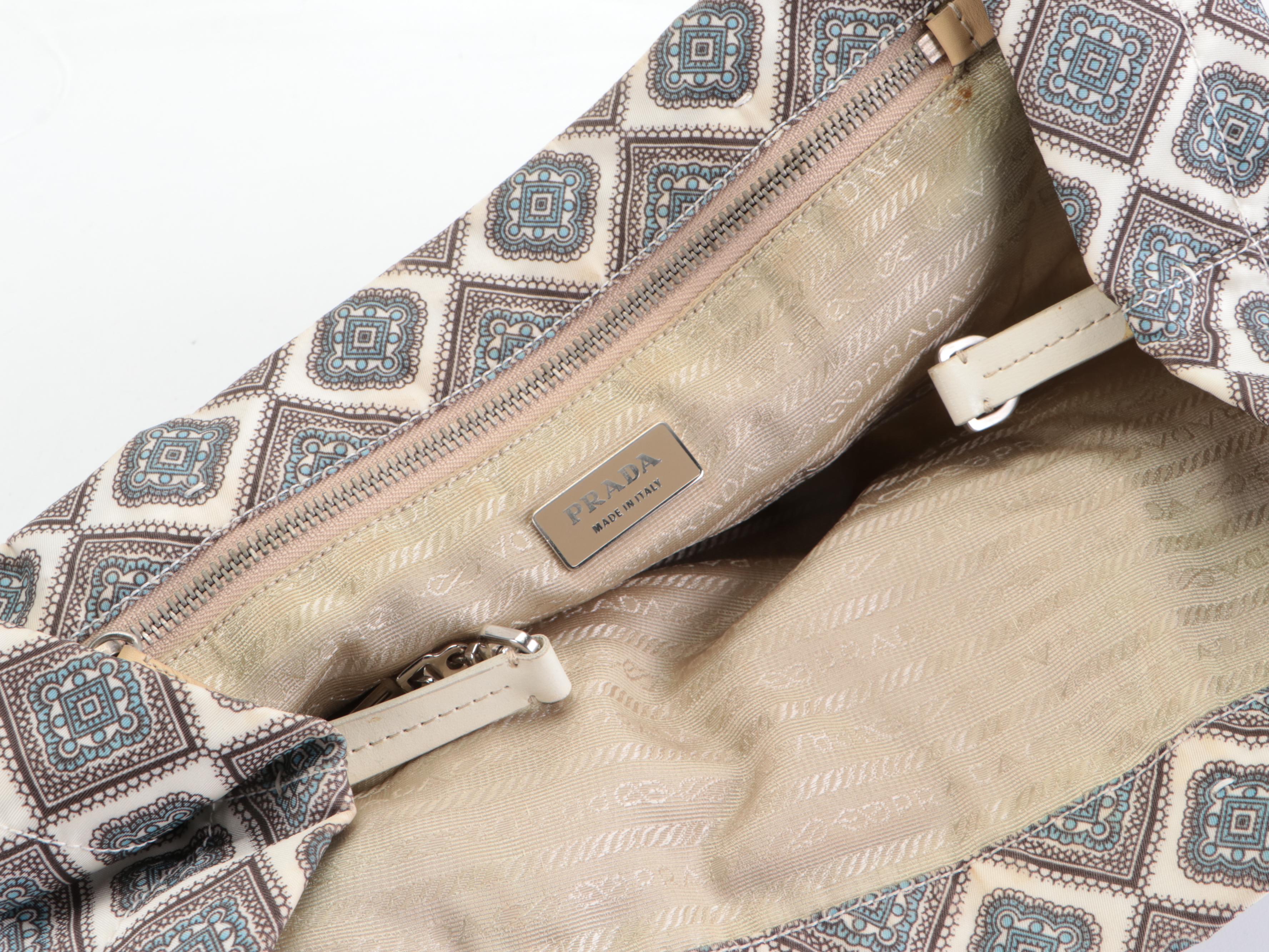 Prada Shopping Tote in Nylon Stamp Print with White Leather Trim