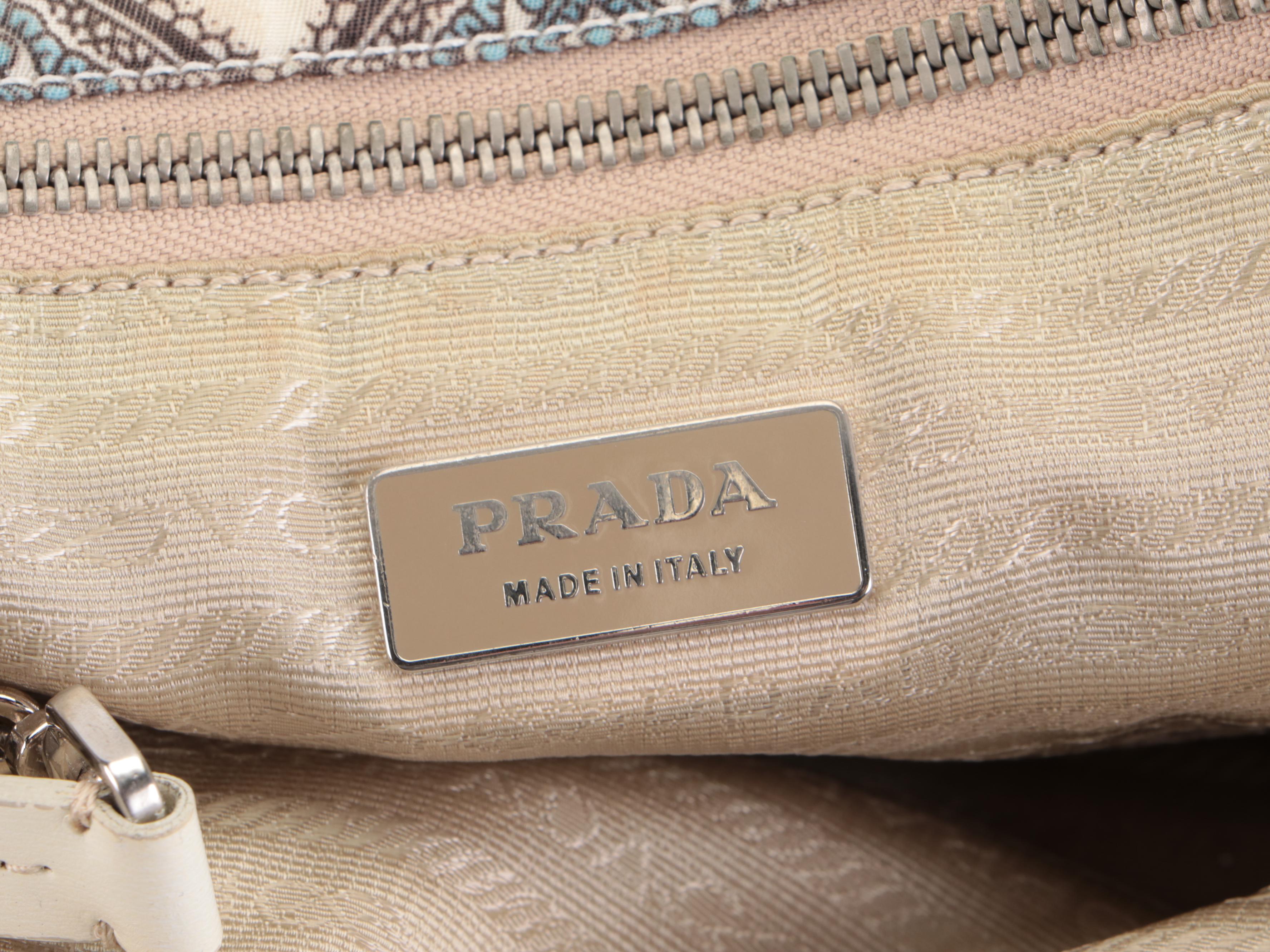 Prada Shopping Tote in Nylon Stamp Print with White Leather Trim