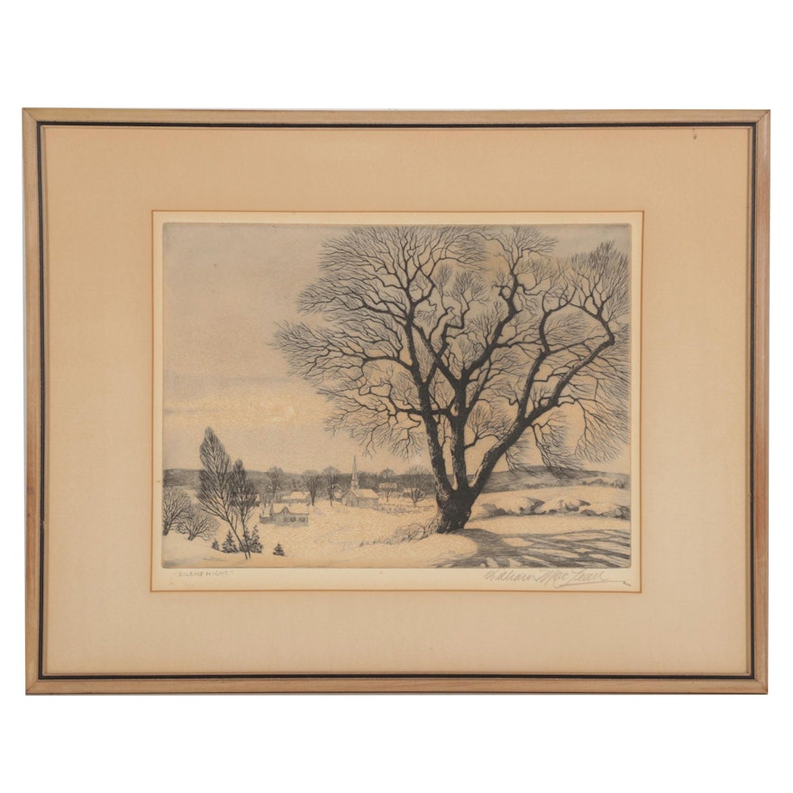 William MacLean Landscape Drypoint Etching "Silent Night," Circa 1945