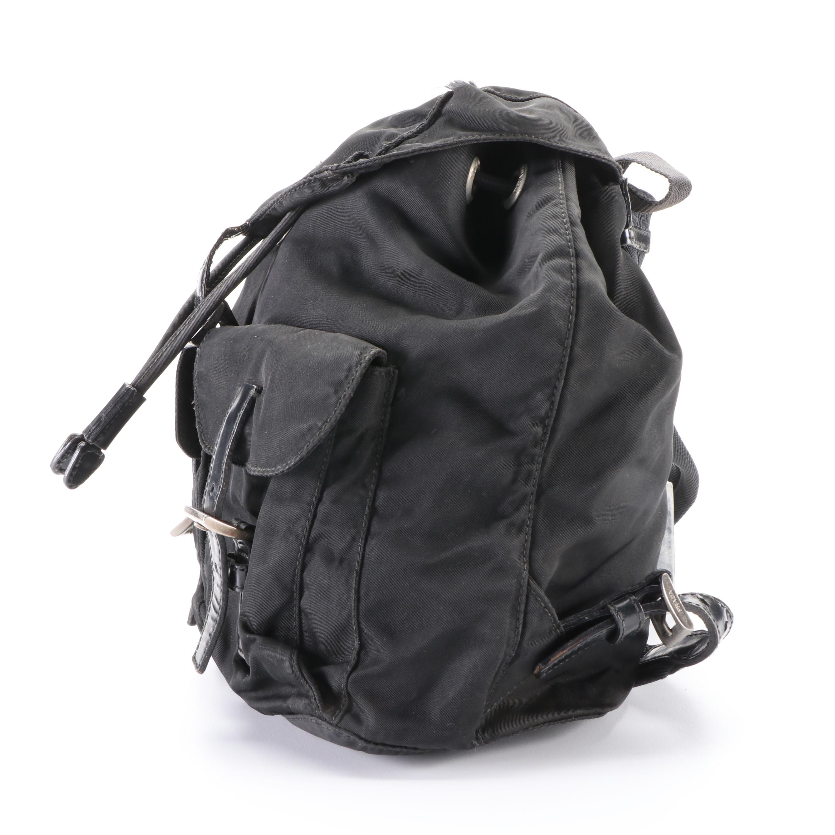 Prada Drawstring Backpack in Black Tessuto Nylon with Leather Trim