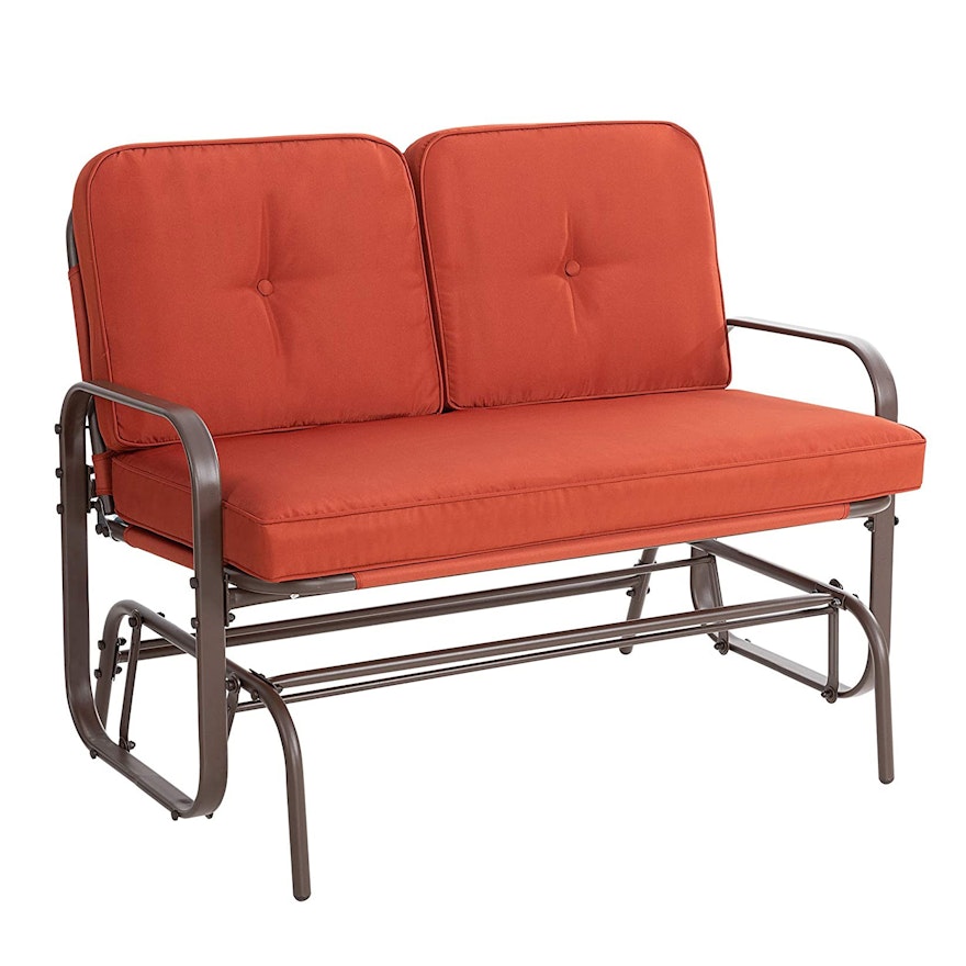 Brown Metal Outdoor Patio Glider Loveseat with Orange Cushions