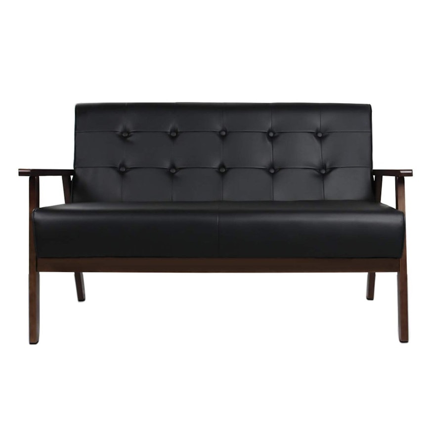 Mid Century Modern Style Faux Leather Upholstered Loveseat Sofa