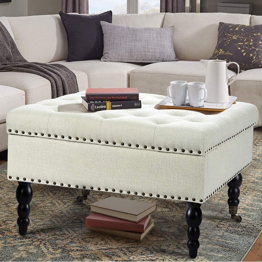 Button-Tufted and Nailhead Tack Upholstered Rolling Storage Ottoman
