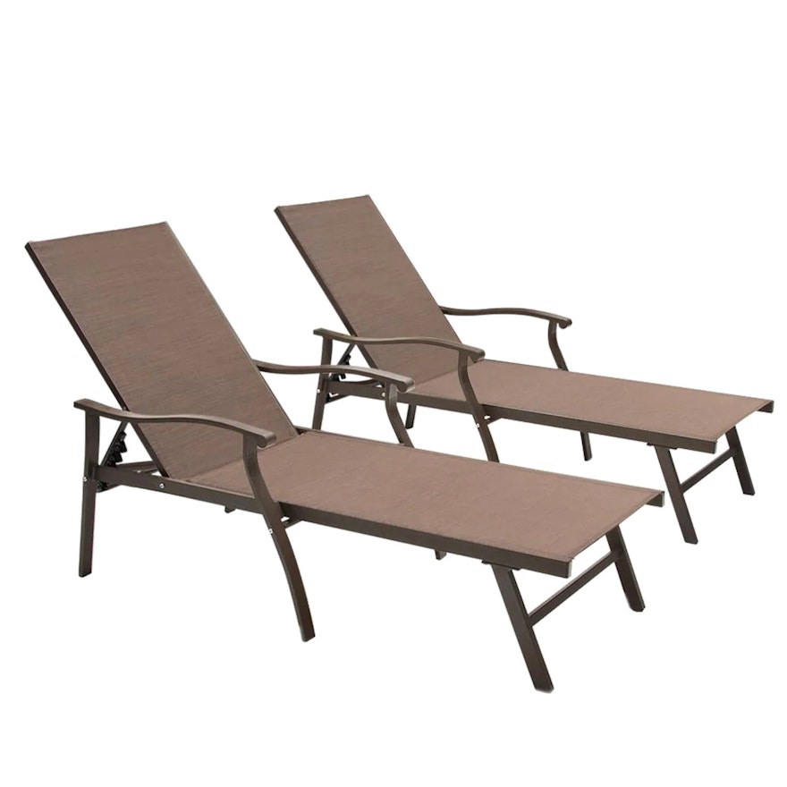 Two Aluminum Chaise Lounges in Brown and Black