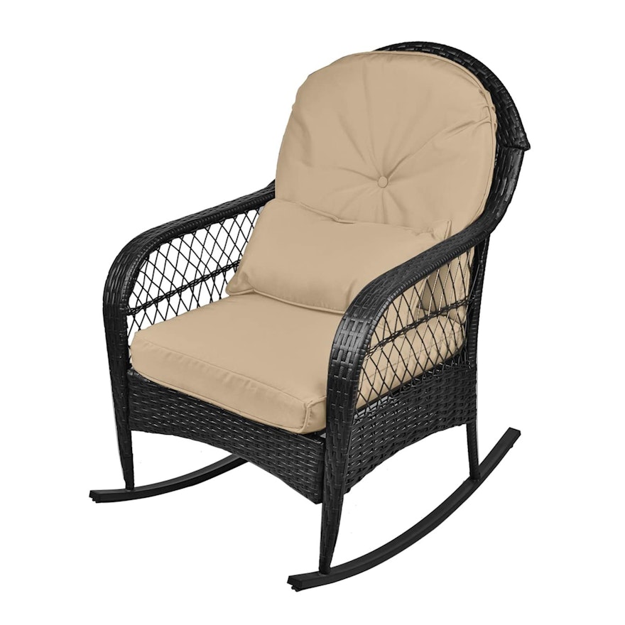Black Resin Wicker Outdoor Rocking Chair with Khaki Cushions