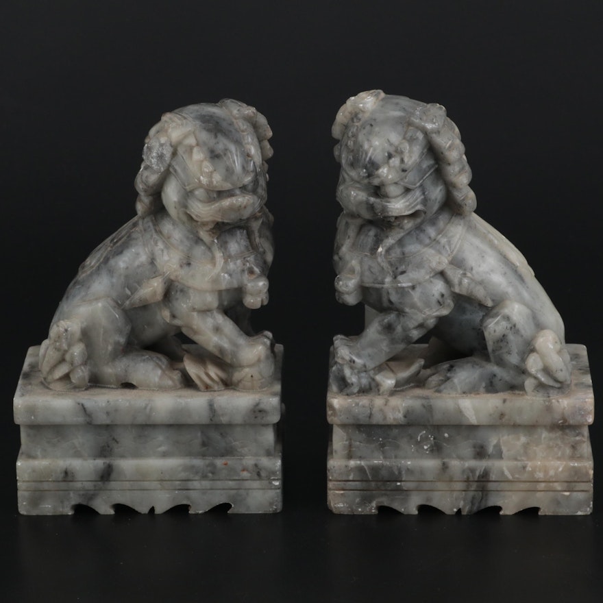 Chinese Style Carved Soapstone Guardian Lion Bookends