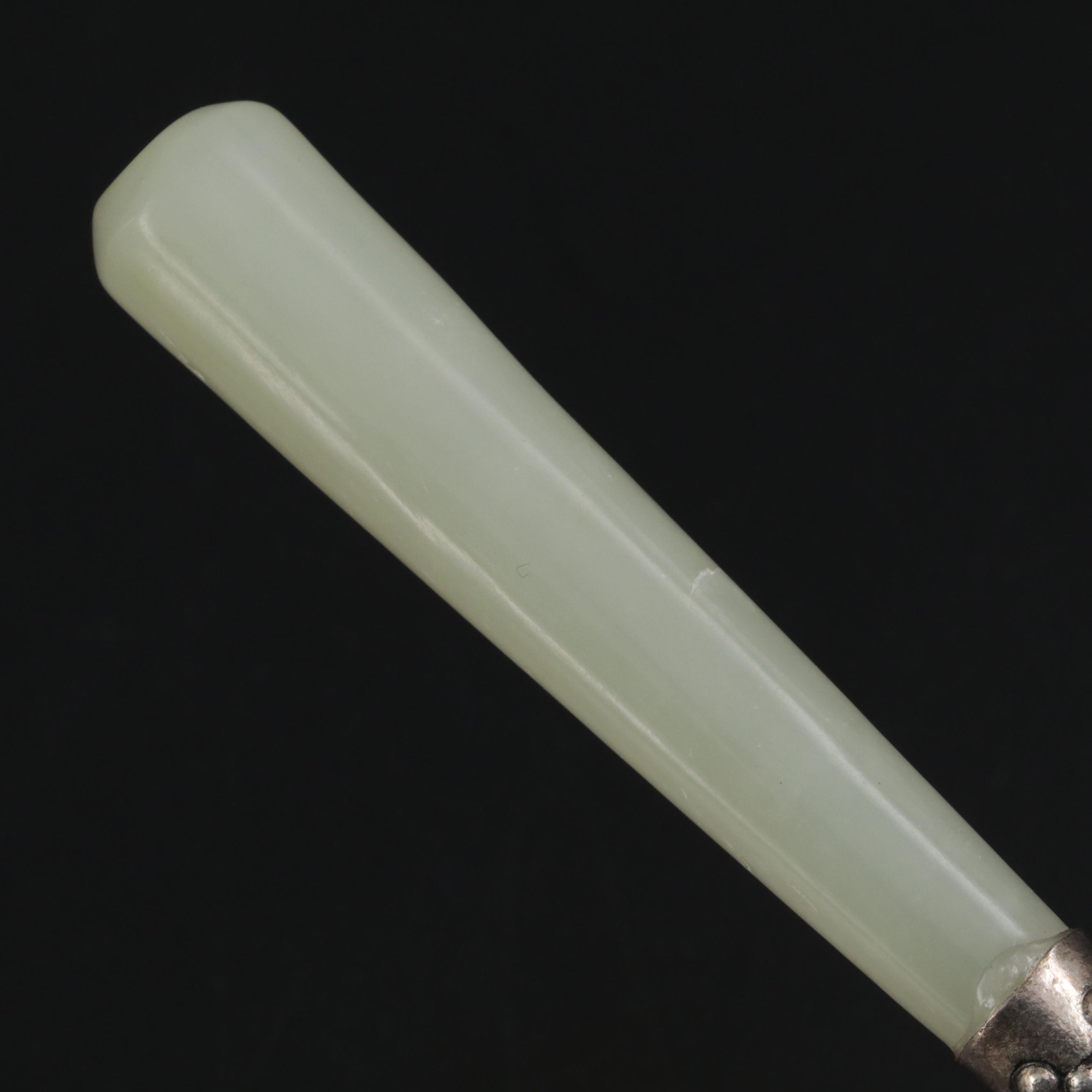 Chinese Tibetan Silver Mounted Porcelain Hand Mirror with Serpentine Handle