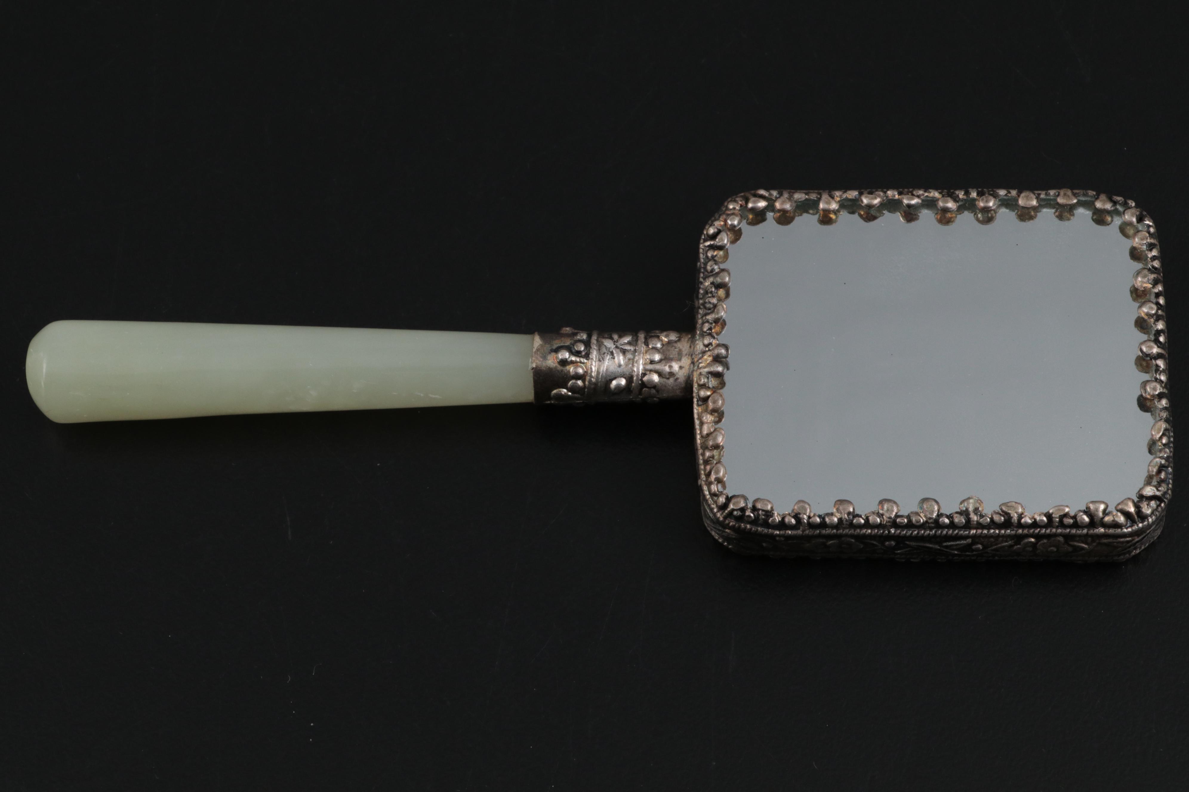 Chinese Tibetan Silver Mounted Porcelain Hand Mirror with Serpentine Handle