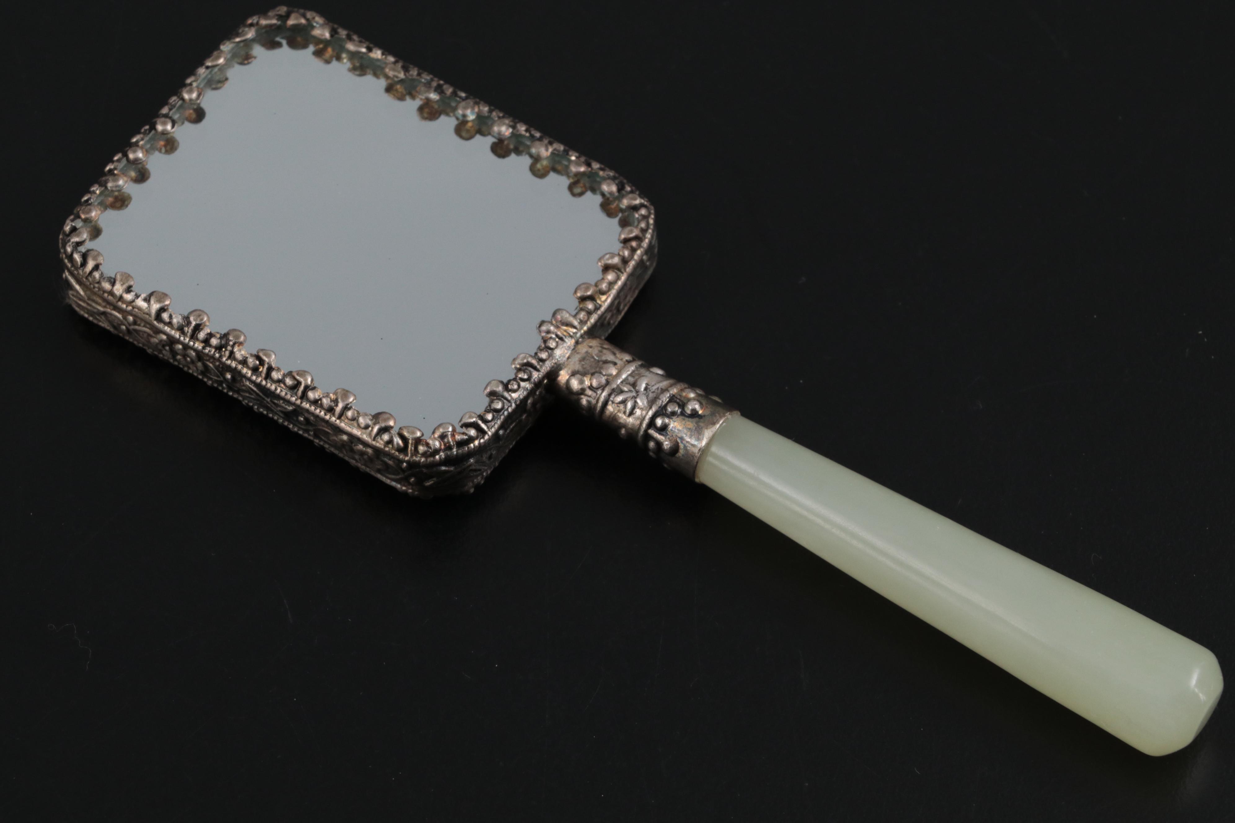 Chinese Tibetan Silver Mounted Porcelain Hand Mirror with Serpentine Handle