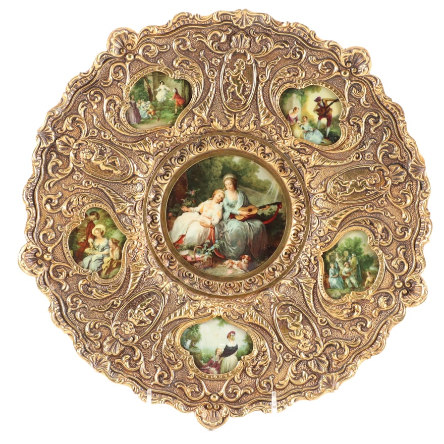 Spanish Baroque Style Brass Wall Charger with Hand-Painted Porcelain Inserts