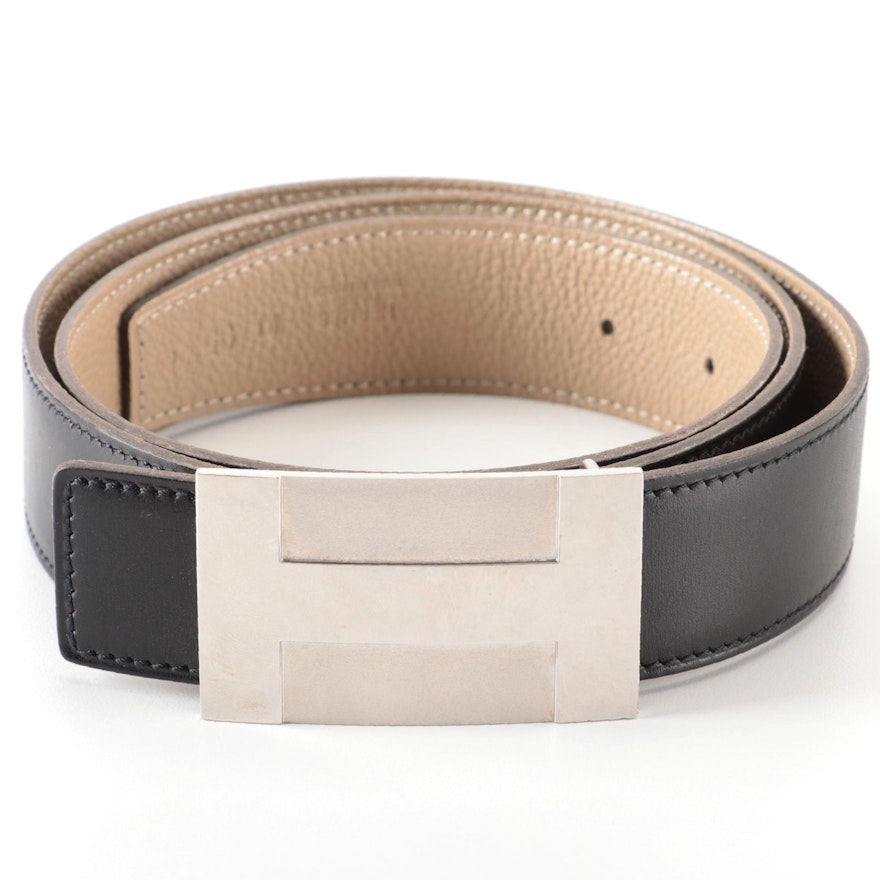 Hermès Rectangular H Plaque Reversible Belt in Bicolor Box Calf-Clemence Leather