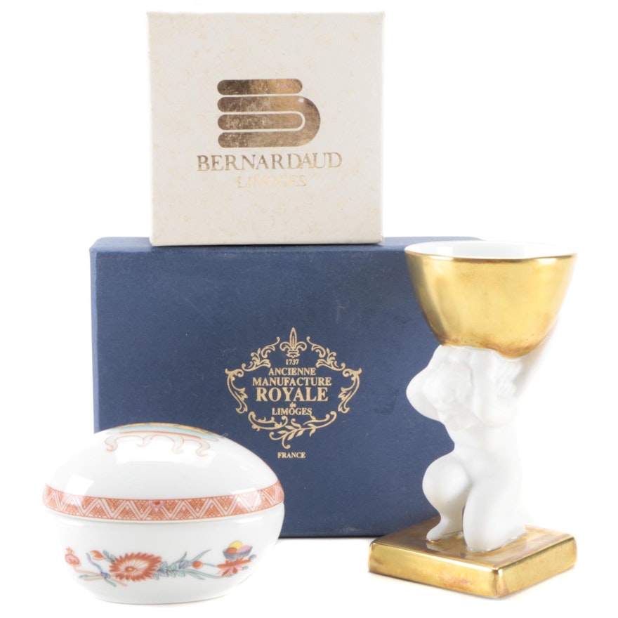 Bernardaud Limoges Hand-Painted Porcelain Box with Limoges Egg Cup