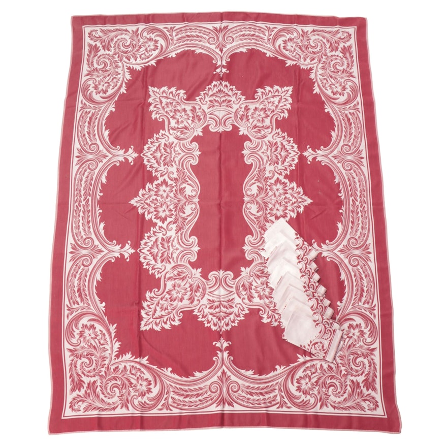 Red and White Damask Tablecloth and Napkins, Late 20th Century