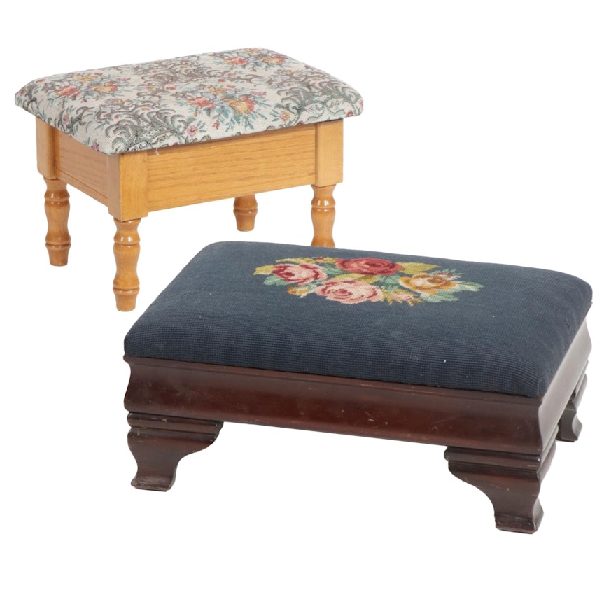 Sewing Stool With Lift Top and Needlepoint Footstool