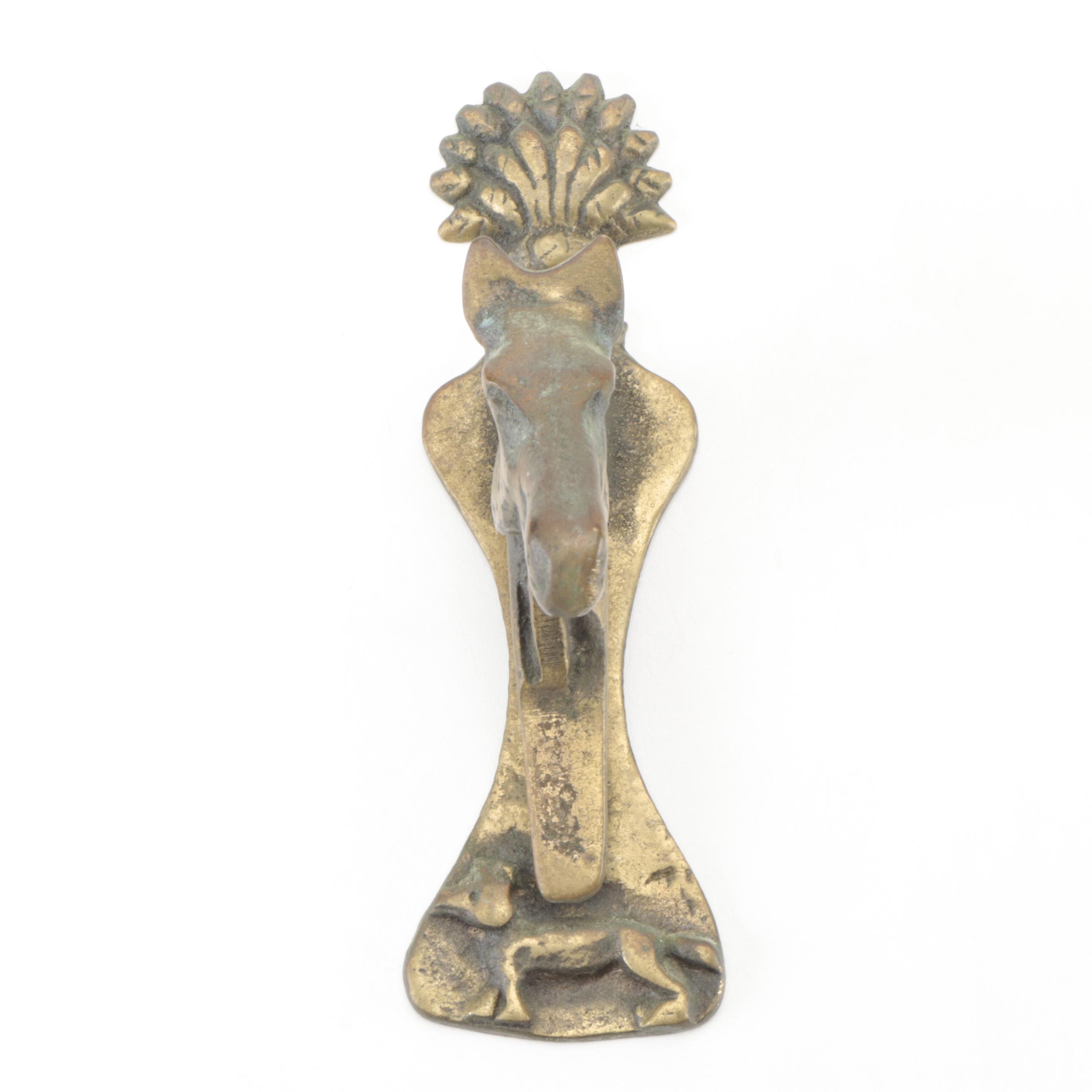 Cast Brass Horse Head Door Knocker with Sheaf of Wheat and Dog