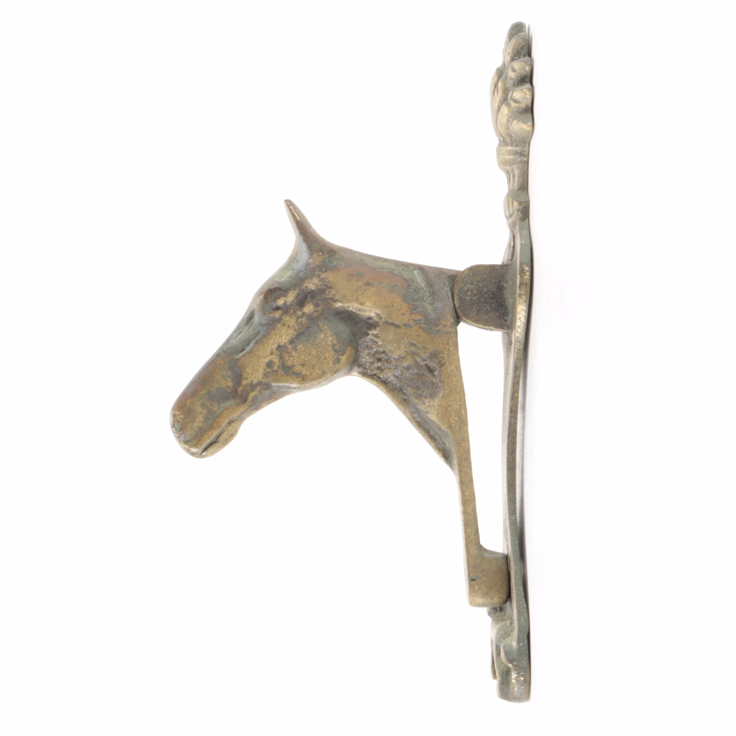 Cast Brass Horse Head Door Knocker with Sheaf of Wheat and Dog