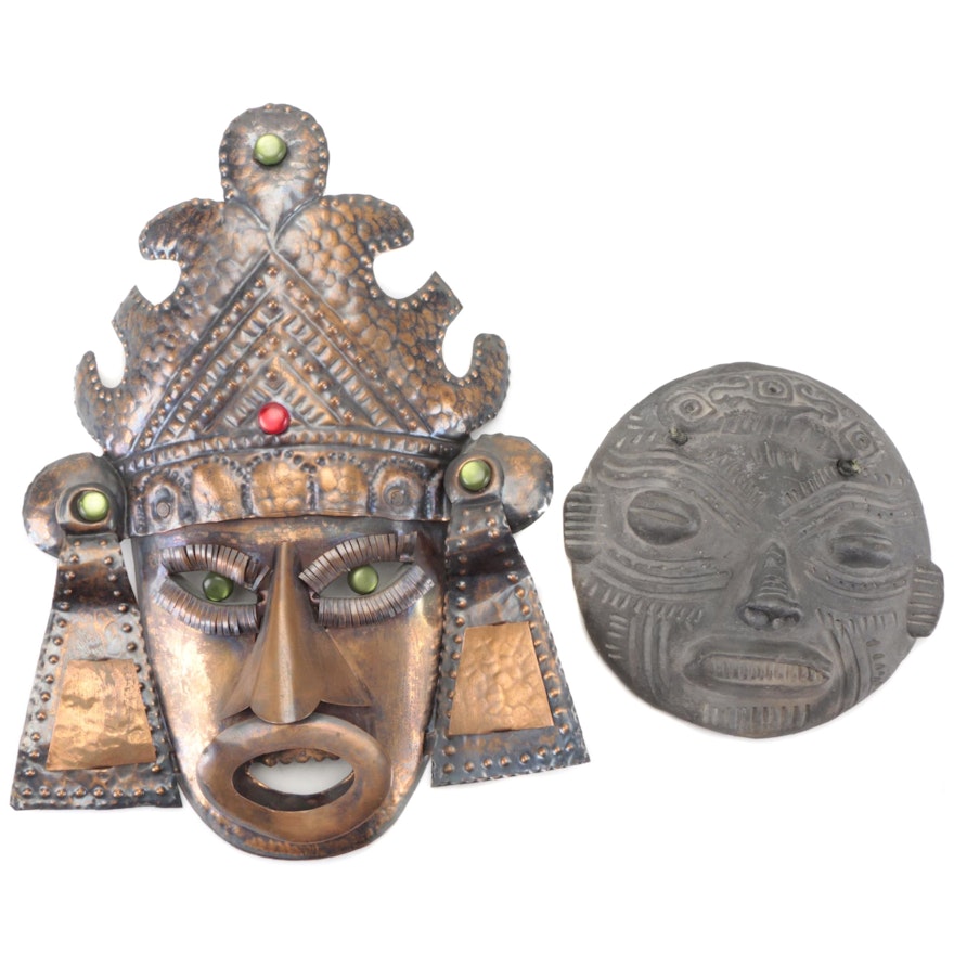 Mesoamerican Style Copper and Ceramic Decorative Masks