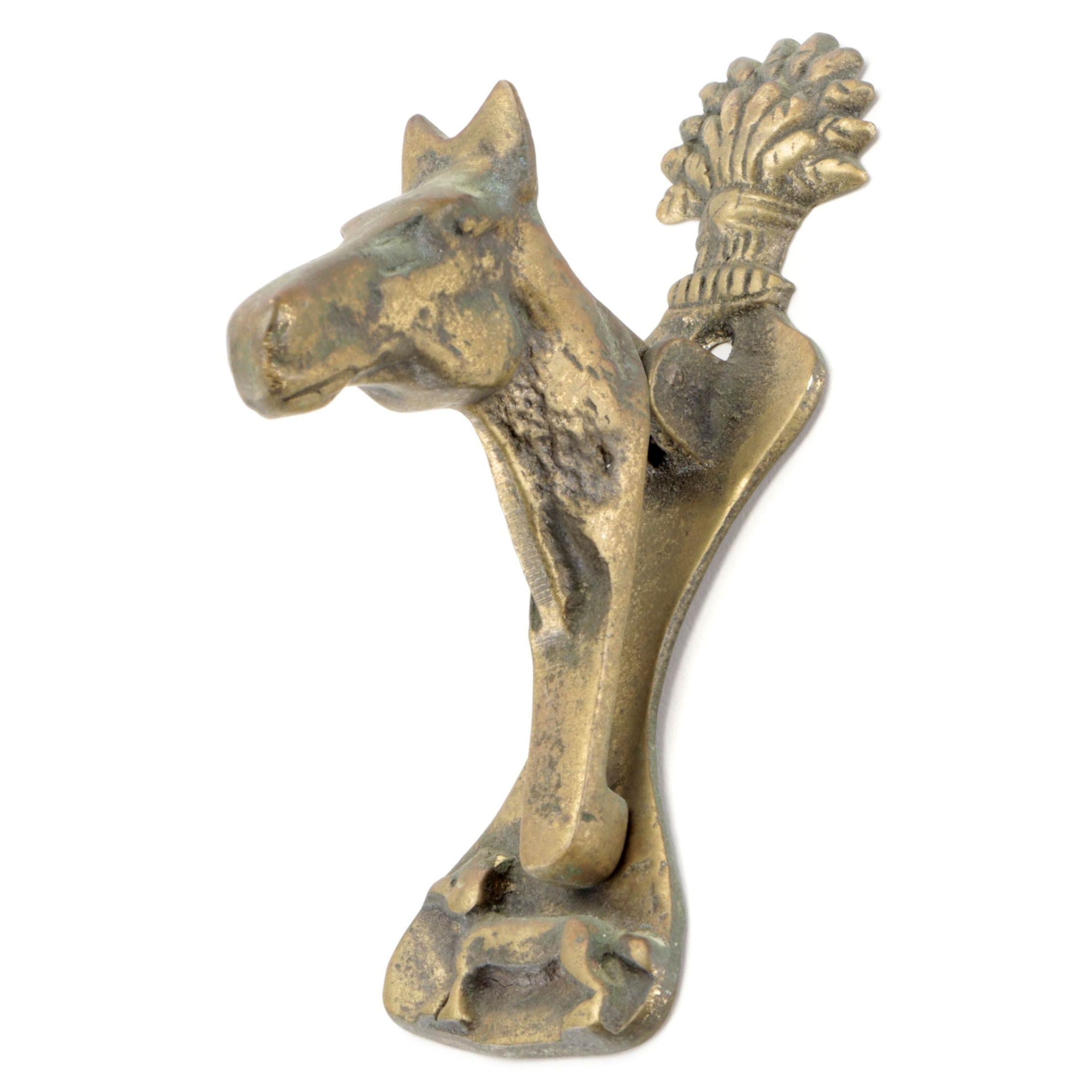 Cast Brass Horse Head Door Knocker with Sheaf of Wheat and Dog