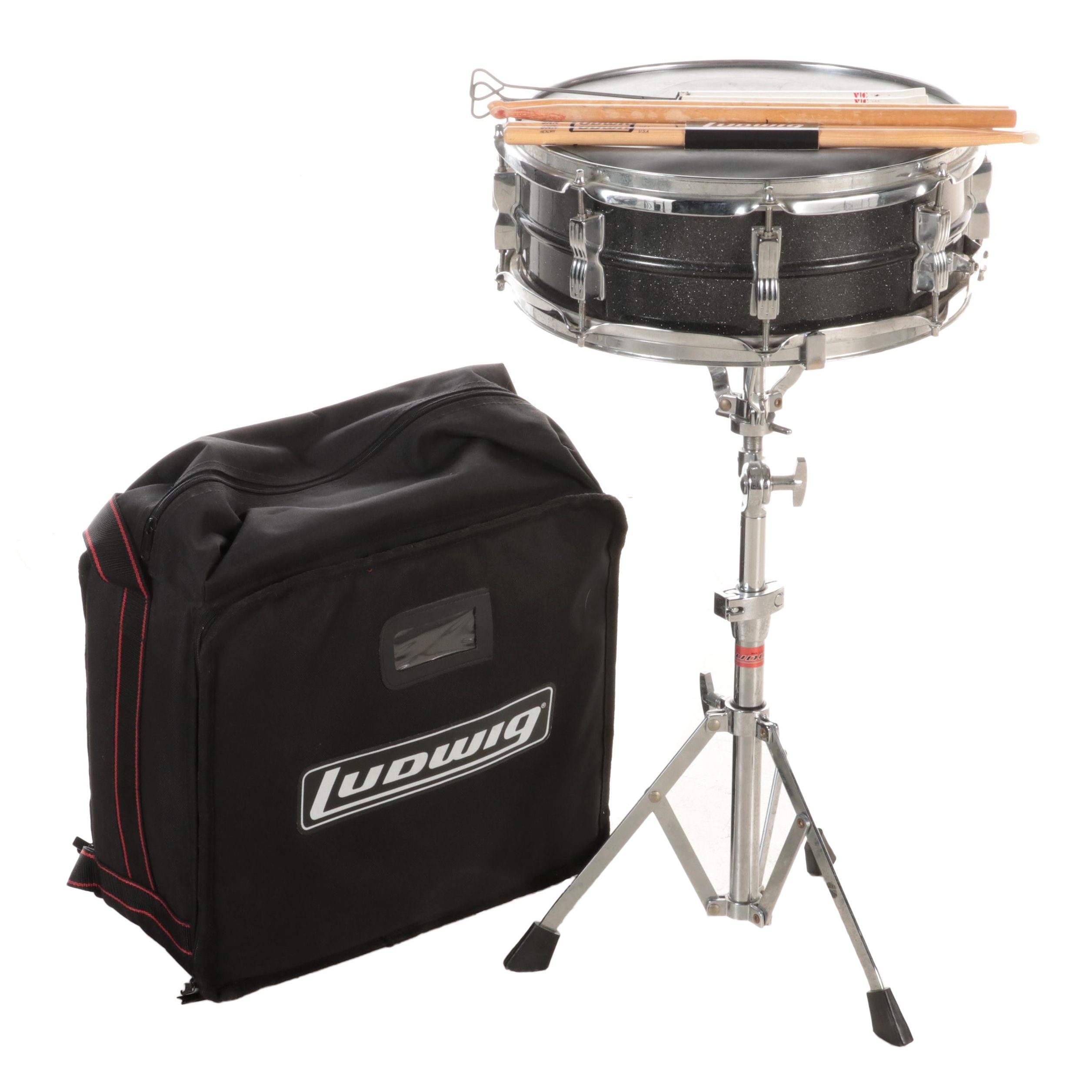 Ludwig Acrolite Snare Drum with Black and White Badge, Sticks, Stand, Case