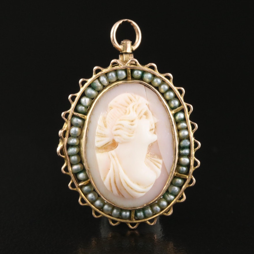 10K Shell and Pearl Cameo Pendant