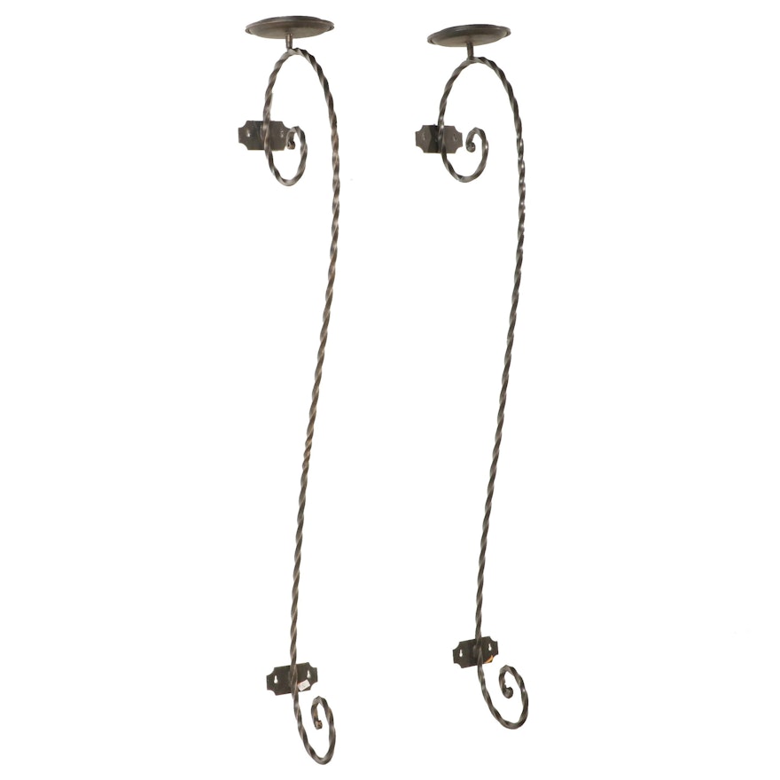 Wrought Iron Pillar Candle Wall Bracket Sconces, Late 20th Century