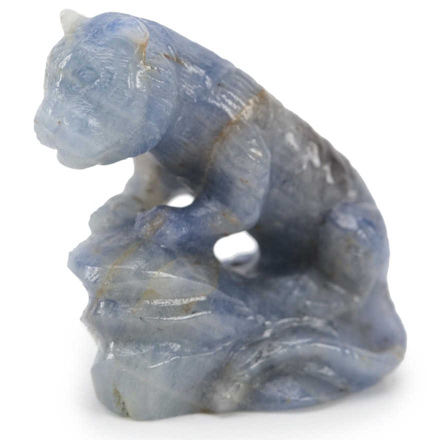 Madagascan Hand-Carved Blue Sapphire Tiger Figurine