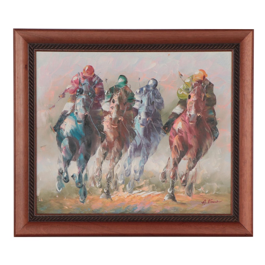 Anthony Veccio Oil Painting of Horse Race, Circa 2000