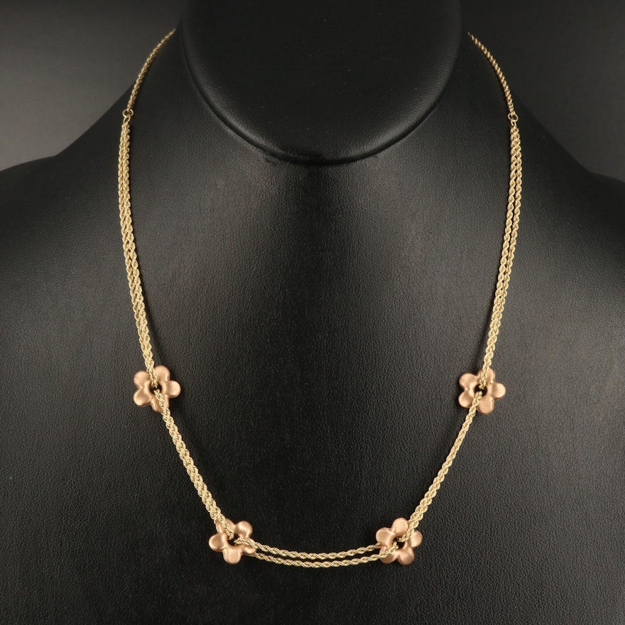 14K Floral Station Necklace with Rose Gold Accents
